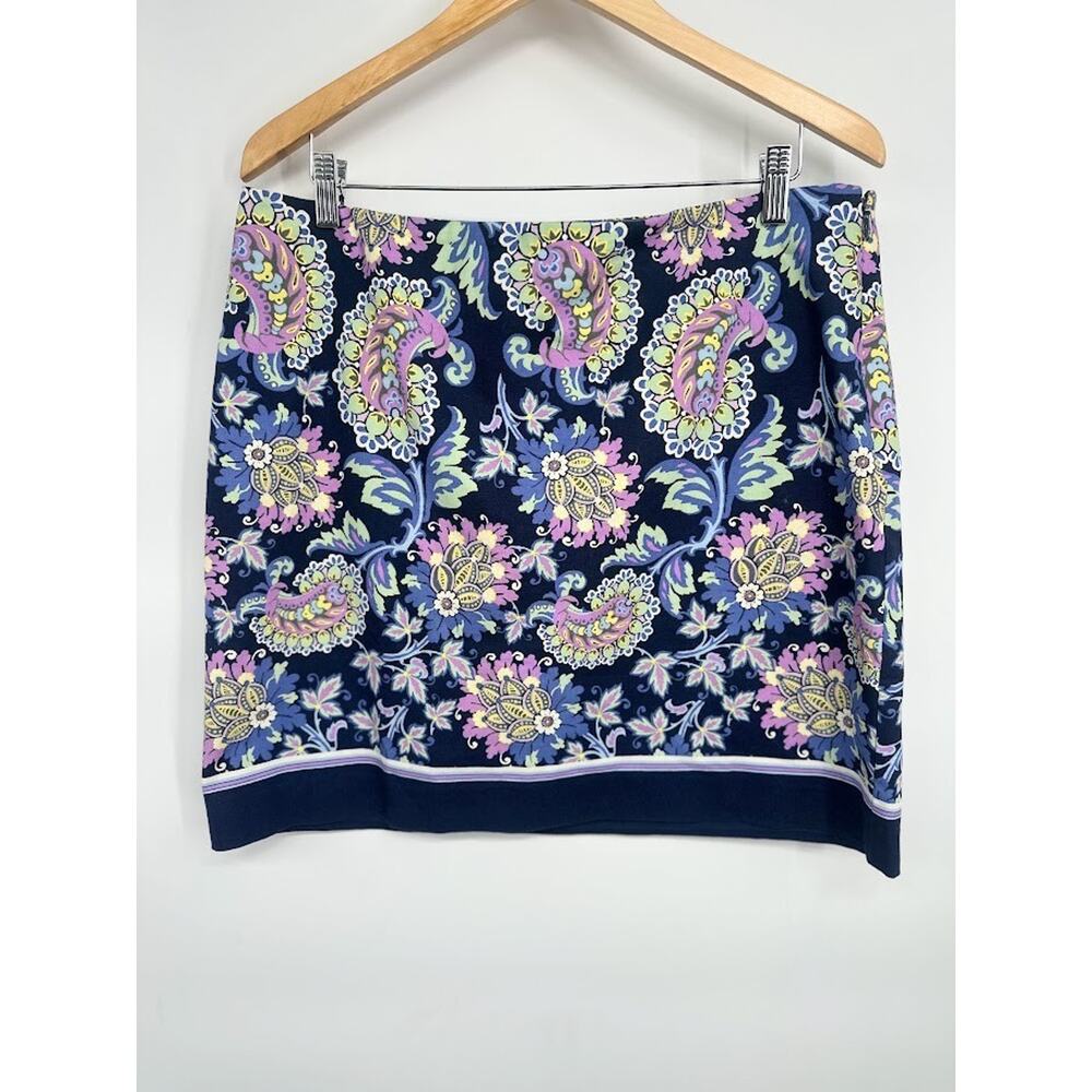 Talbots Paisley Floral Skirt Womens Size 14P 14 Petite Navy Blue Career Stretch